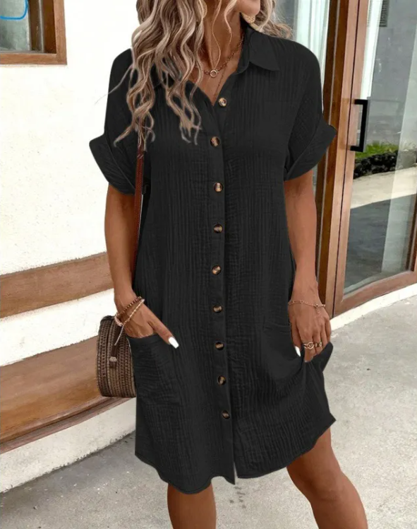 Women’s Summer V-Neck Linen Shirt Dress – Relaxed Button-Down, 7 Colours, S–3XL