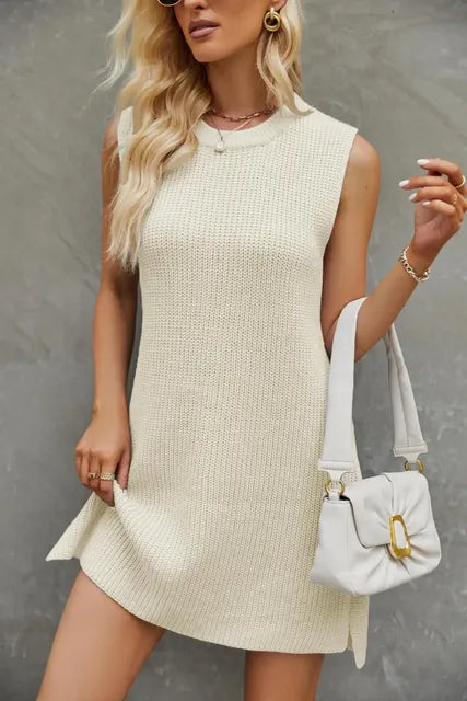 Women's Solid Colour Round Neck Knitted Dress with Split