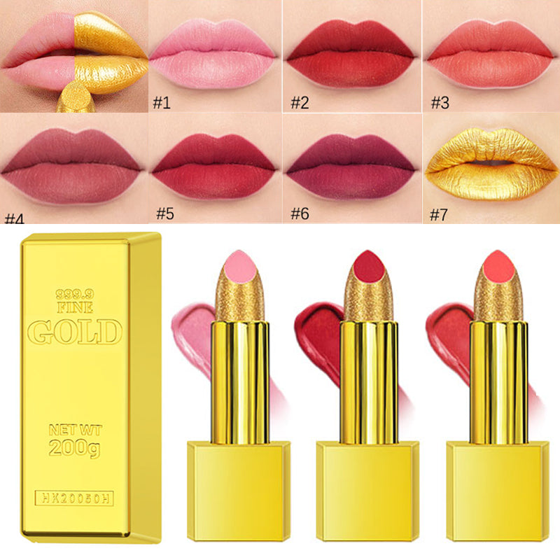Gold Glitter Matte Lipstick – Waterproof Vitamin E Formula, 7 Shades, 3.5g