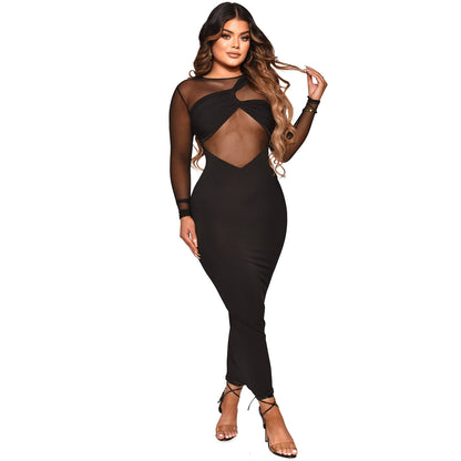 Women’s Solid Colour Long Sleeve Dress – Elegant Black, Mid-Waist Fit, S–XXL