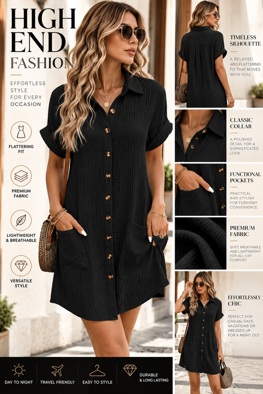Women’s V-Neck Shirt Dress – Relaxed Button-Down Summer Style