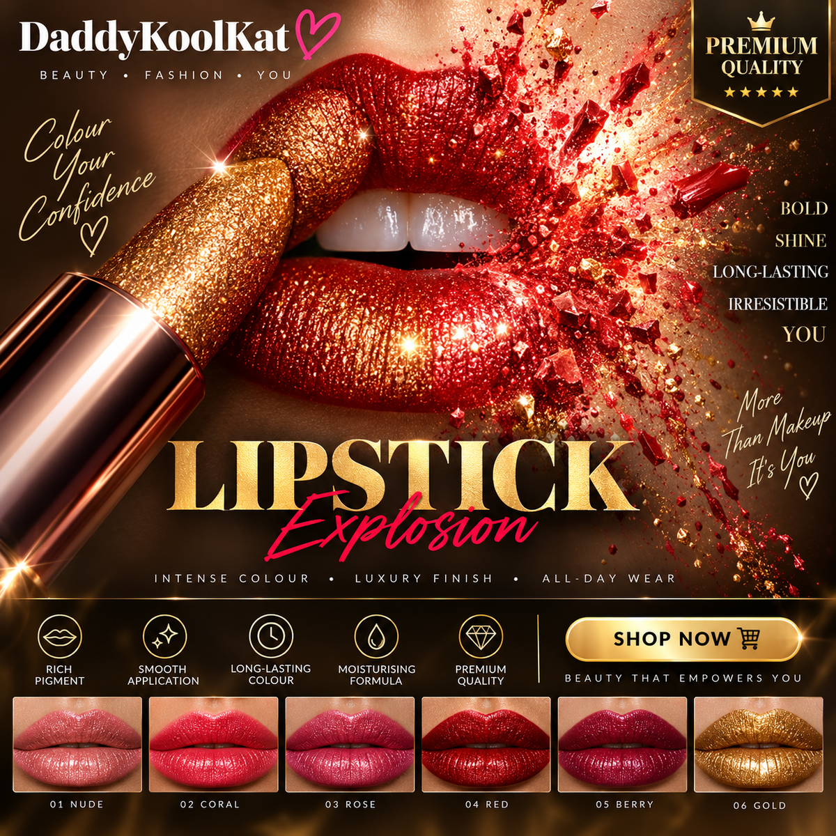 Glitter Shimmer Lipstick – Iridescent Lip Colour, 8 Shades