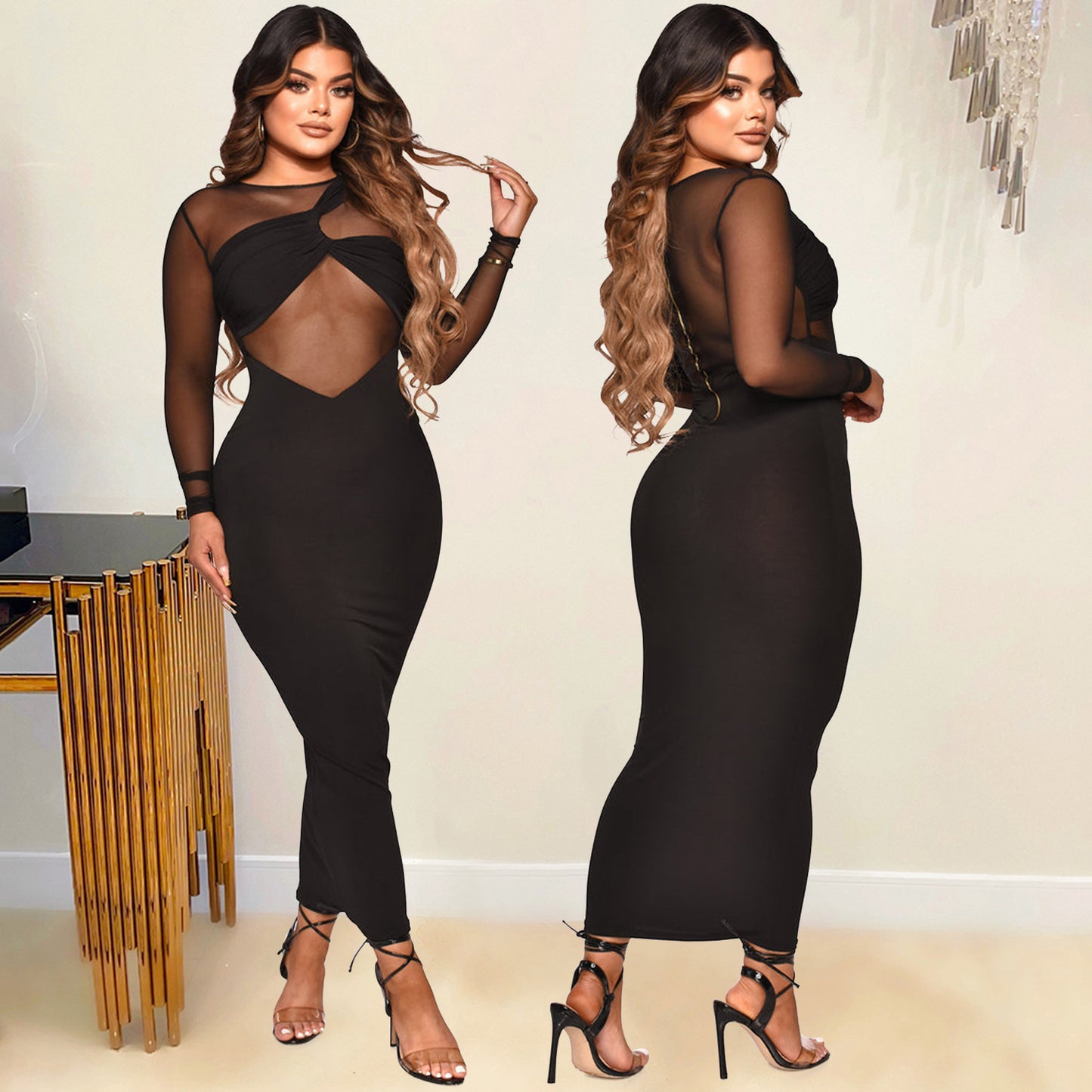 Women’s Solid Colour Long Sleeve Dress – Elegant Black, Mid-Waist Fit, S–XXL