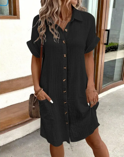 Women’s Summer V-Neck Linen Shirt Dress – Relaxed Button-Down, 7 Colours, S–3XL