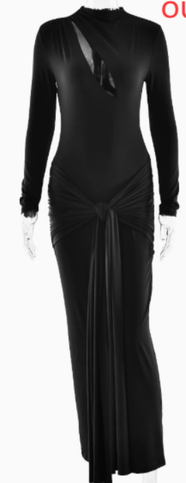 Split Hollow Long Sleeve Dress – Velvet & Polyester Evening Dress
